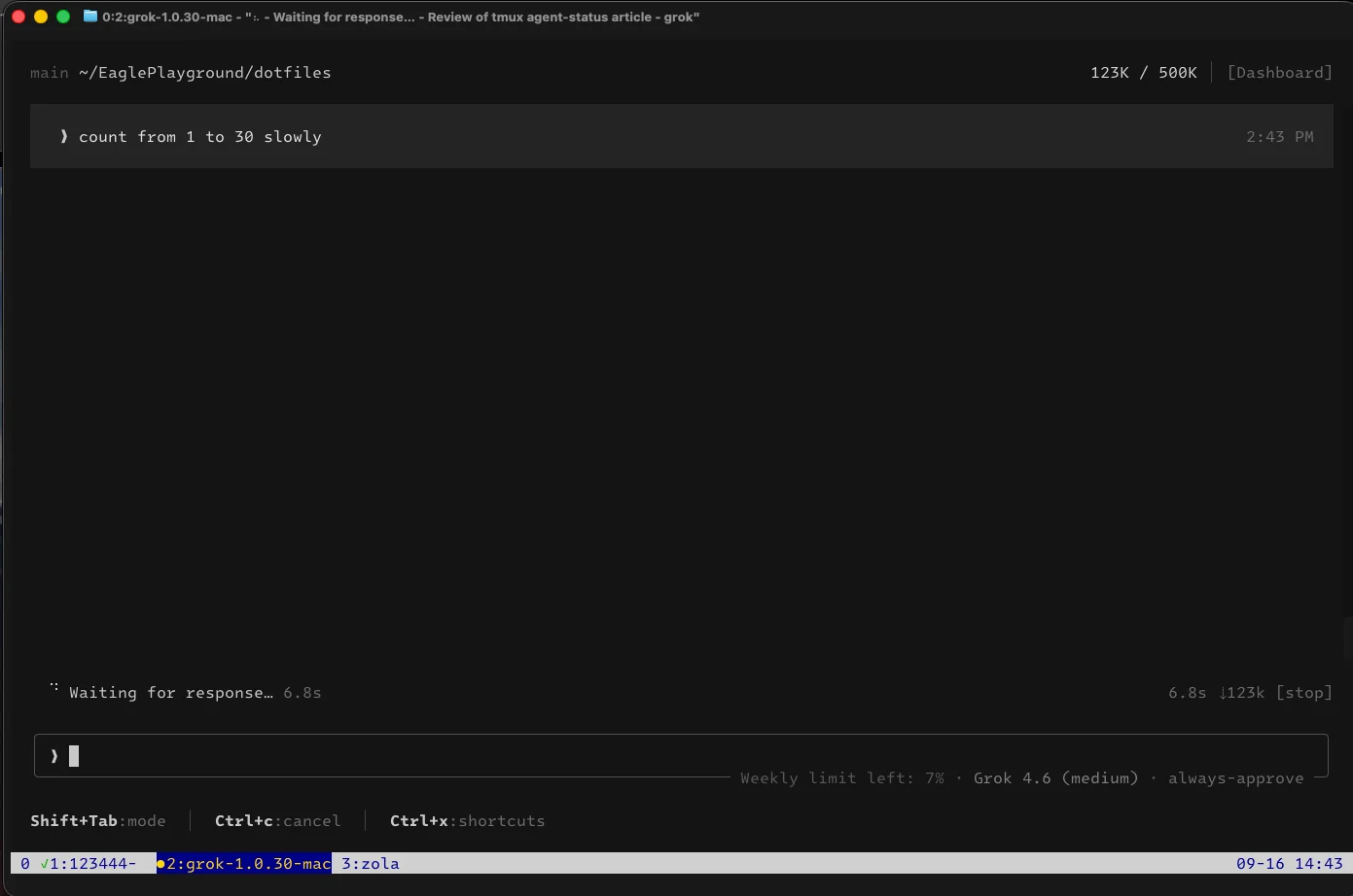 tmux status line showing a green check on an idle Claude window and a yellow dot on a working grok window