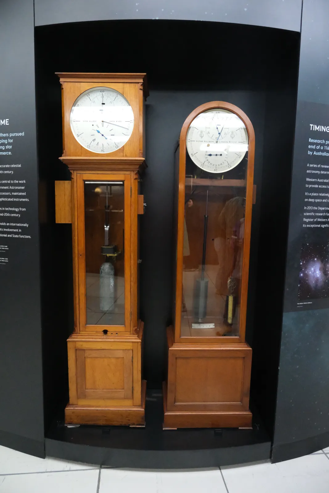 Two Victor Kullberg long-case clocks on display at Perth Observatory